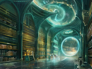 Thoths Library of Infinity Thoth oversees an infinite library containing the knowledge of all universes where scholars from across the cosmos gather to unravel the mysteries of existence - obrazy, fototapety, plakaty
