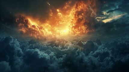 Revelation concept, fiery explosion in sky, overcast heaven summer climate sunrise - obrazy, fototapety, plakaty
