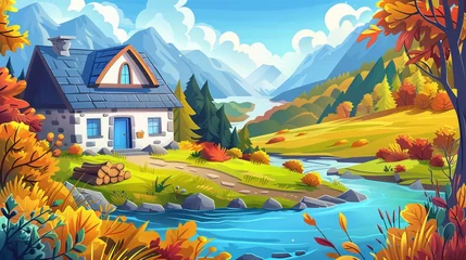 Gardinen Countryside autumn panorama with stone farm house, fields, rivers and mountains. Rural scene with cottage with woodpile on lake coast, modern cartoon illustration. © Mark
