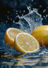 Water splashed delicious lemon slices, isolated dark background.