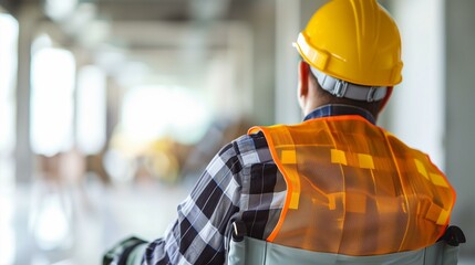 Disabled worker, construction worker in wheelchair, professional occupation machinery architect safety equipment
