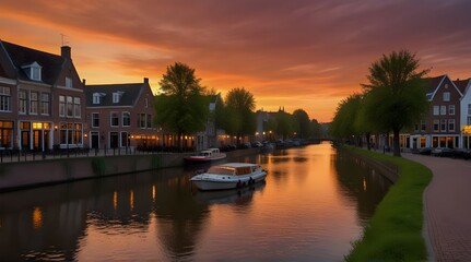 Beautiful Dutch street on canal side during sunset in Amersfoort.generative.ai