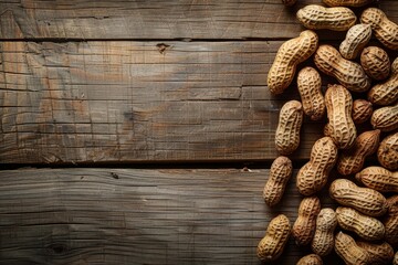 Fototapeta premium Overhead view of peanuts in shells scattered on old rustic wooden table background with textures