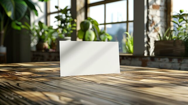 Flyer Mockup, Blank Card On Table In Front Of Window, Plant Desk Home Interior Decoration Empty