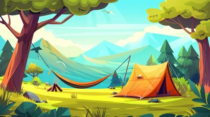 Foto op Canvas Modern cartoon illustration of a summer mountain camp with a tent and hammock on a tree with tourist camping equipment, grill, axe and wood, treehouse and beautiful landscape. © Mark