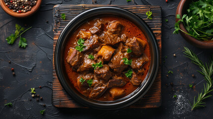 Top view of savory beef stew in a bowl, a classic comfort food on a dark surface.