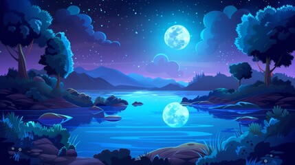 Modern cartoon illustration of a beautiful landscape at night with a river flowing through a valley. The sky is dark in the background and the moon and stars glow in the night sky, reflecting off the