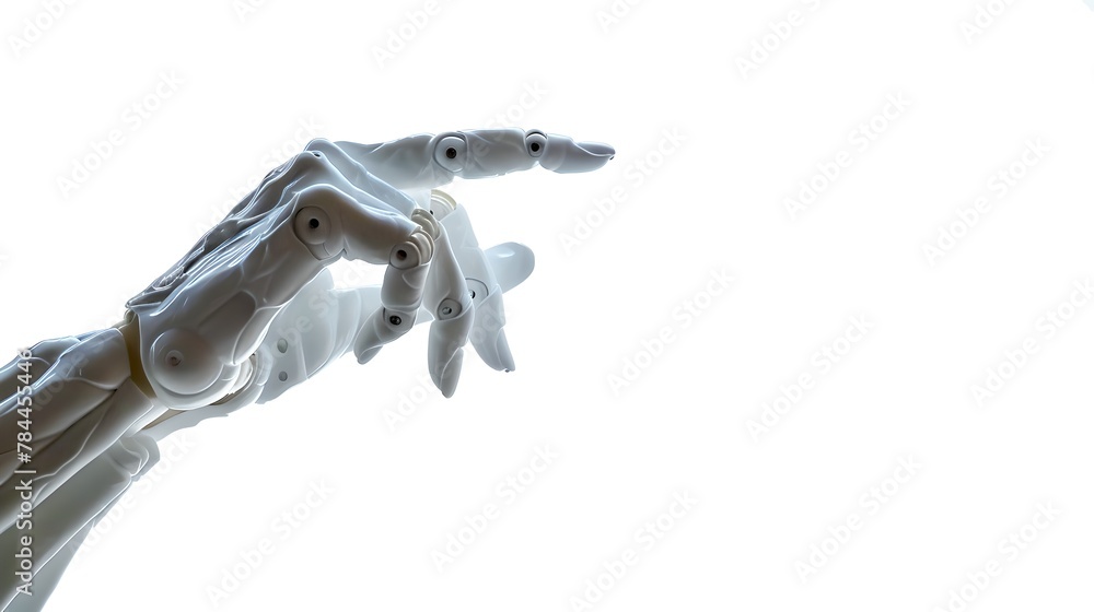 Poster sleek robotic hand reaching out, symbolizing ai advancements. modern technology and automation conce