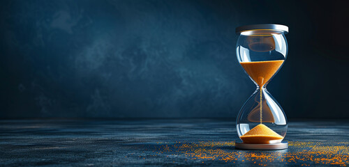 Antique hourglass with blue background and golden accents. - obrazy, fototapety, plakaty