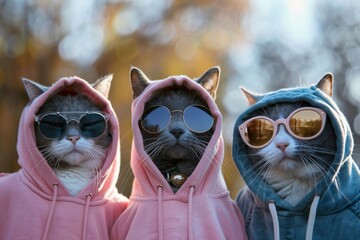 Cats in trendy sunglasses and colorful hoodies with a beautiful fall backdrop exude a vibrant and striking aesthetic