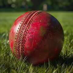 Close up of red cricket ball on grass