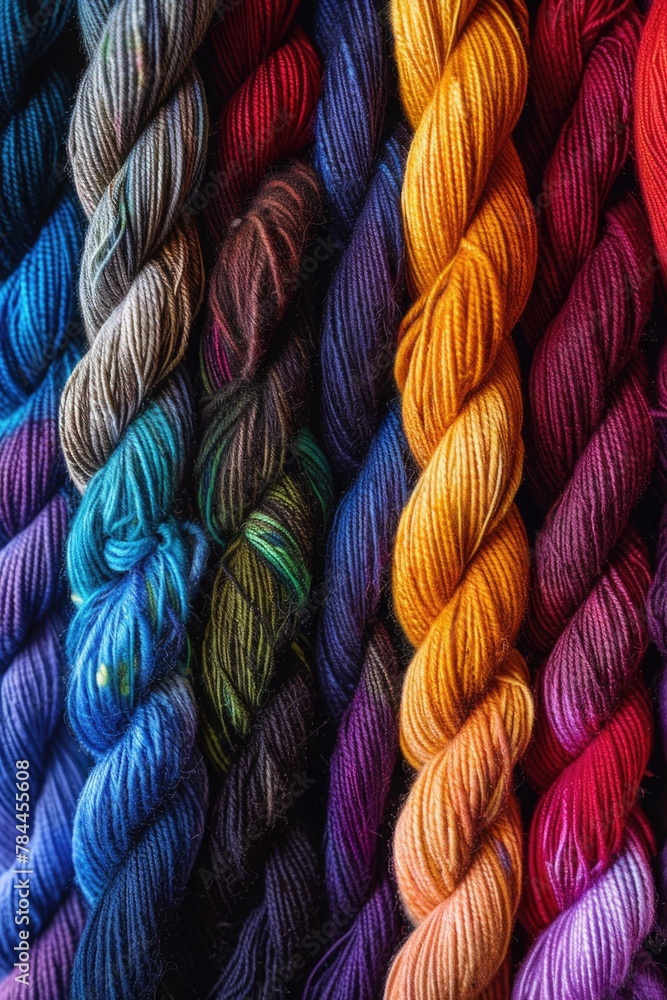 Poster A vibrant close-up of assorted yarn. Perfect for crafting projects