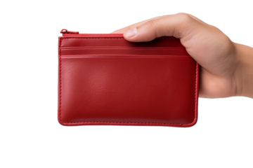 The Crimson Hold: A Hand Clutching a Red Wallet. On White or PNG Transparent Background.