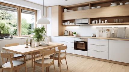 Harmony of white and wood in Scandinavian kitchen interior