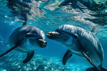 Beautiful close portrait of dolphins swimming in clear water in the ocean or sea
