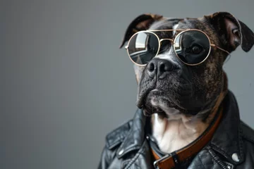 Foto op Plexiglas A solemn Boxer dog with shiny round sunglasses creates an amusing and fashionable scene with a modern urban vibe with a blurred face © Larisa AI