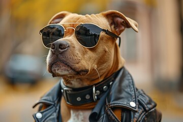 A cool looking dog posing with sunglasses and a trendy leather jacket on a city street - obrazy, fototapety, plakaty