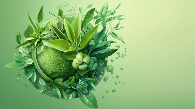Botanical sphere with green leaves and cells, on pastel green celebrating plant biology.