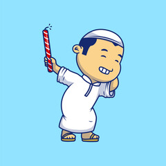 Cute Moslem Boy Holding Fire Cracker Cartoon Vector Icons Illustration. Flat Cartoon Concept. Suitable for any creative project.