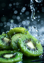 Water splashed delicious kiwi, isolated dark background.