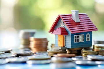 A small toy house next to a stack of coins on a blurred background symbolizes invests, savings, buying and selling real estate, your own dream home with copyspace for text
