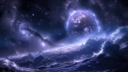 Rolgordijnen Ethereal Starborn Odyssey Surreal Cosmic Landscape with Glowing Planet Swirling Nebula and Dramatic Lightning © Sittichok