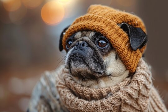 Close-up image of an adorable pug dog dressed in warm knitted hat and scarf, embodying coziness during the fall season