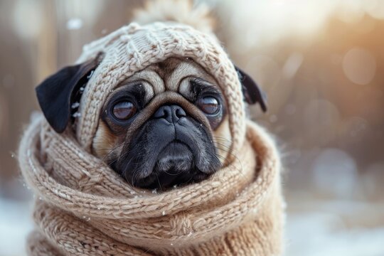 A contemplative image capturing a pug dog enveloped in stylish knitwear, suggesting reflection during the winter months