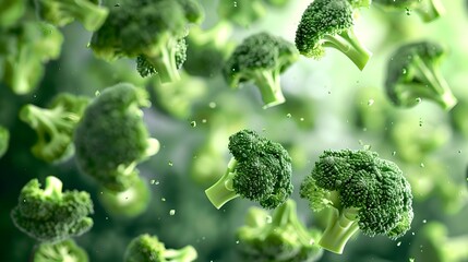Fresh broccoli floating mid-air against green background. Wholesome food concept with copy space. Perfect image for nutrition and health. AI
