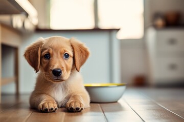 Close up puppy eating food in sunlit kitchen, concept of pet care, animal behavior with copyspace
