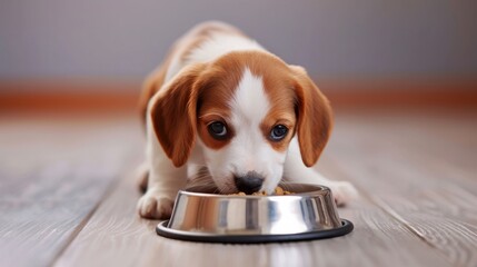 Close up puppy eating food on gray background with copyspace, concept of pet care, animal behavior
