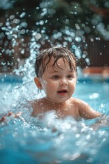 Fototapeta na wymiar A small child having fun in a pool. Suitable for family and summer themes
