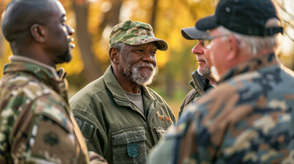 A group of diverse veterans stand together, sharing stories and camaraderie, their faces etched with pride and experience.
