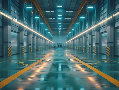 industrial hall with wet floar and line markings