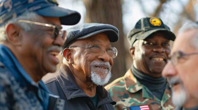 A group of diverse veterans stand together, sharing stories and camaraderie, their faces etched with pride and experience.
