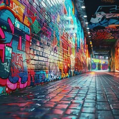 A dark alley with graffiti on the walls.