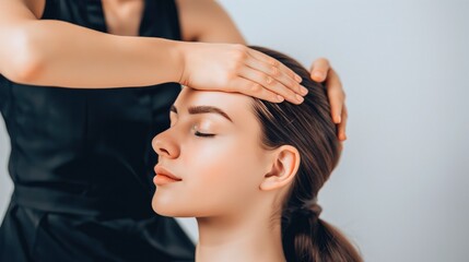 A woman receiving a head massage and hair styling at a bright beauty salon after cosmetic procedures