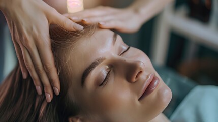 Fototapeta premium Woman enjoying head massage in bright beauty salon after cosmetic procedures