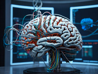 Ein k&uuml;nstliches Hirn mit Kabeln an einem Computer
