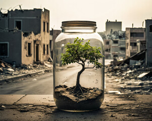 Ein Glas mit einem Baum steht in einer zerstörten Stadt
