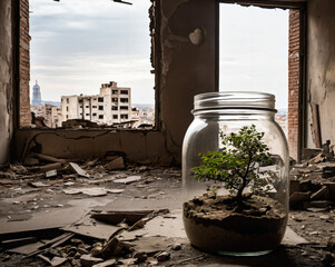 Ein Glas in denen Pflanzen wachsen in einer zerstörten Stadt - obrazy, fototapety, plakaty