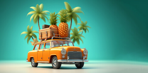 Orange retro car with luggage, Pineapple, palm trees, on blue background. roof ready for summer travel. Retro Auto Luggage Summer