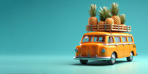 Orange retro car with luggage, Pineapple, palm trees, on blue background. roof ready for summer...