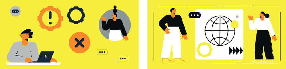 Technology abstract background. Work online, freelancing, education. Cartoon style. Vector illustration