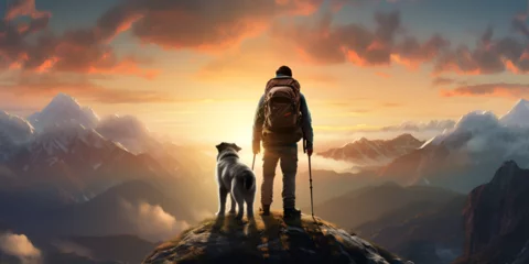 Zelfklevend Fotobehang A person standing on top of a mountain at sunset with the black dog with sunrise in background dog companion  © Iqbal