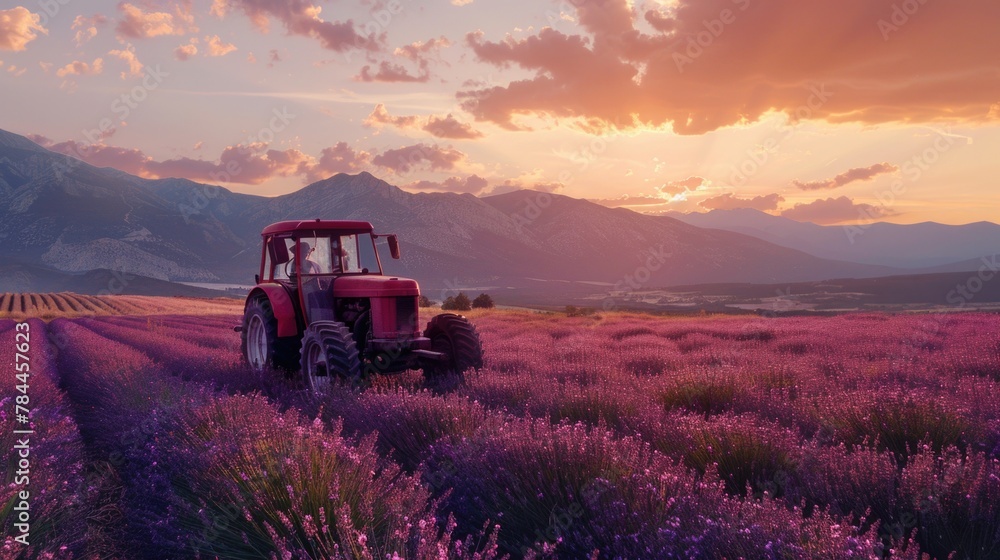 Poster scenic view of a tractor in a vibrant lavender field with majestic mountains in the background. idea