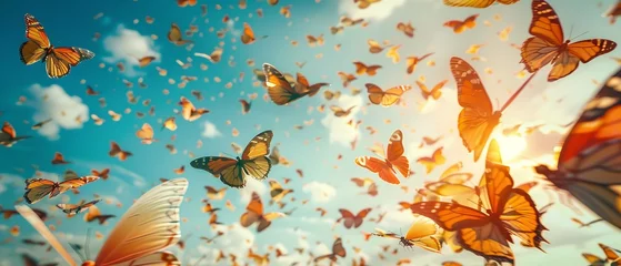 Fotobehang A hoard of ponder butterflies rocketing toward the sky in a lovely cluttered setting enlivened by the lovely sun blue sky setting and space, Generative AI. © Electric Wolf