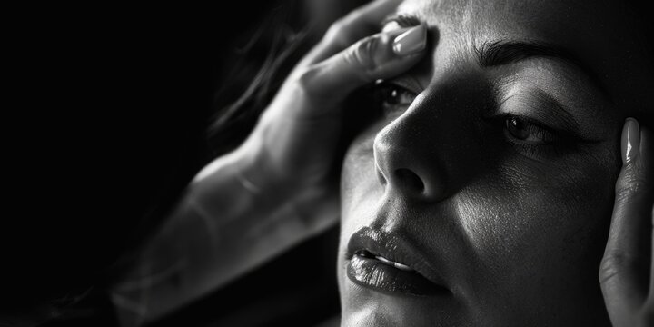 A black and white photo of a woman with her eyes closed. Suitable for various design projects