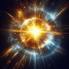 Abstract yellow explosion star with blue glow and cosmic energy release