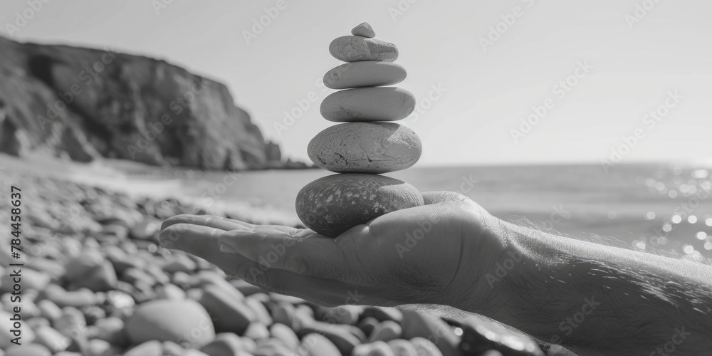 Poster A person holding a stack of rocks on a beach. Suitable for nature and relaxation concepts
